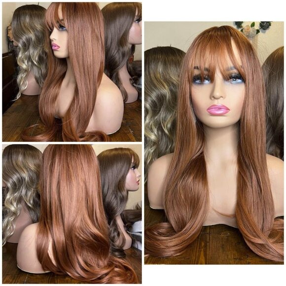 26” Copper Long Wavy natural Synthetic Fiber Full Wig With Bangs for dai… - Picture 2 of 10